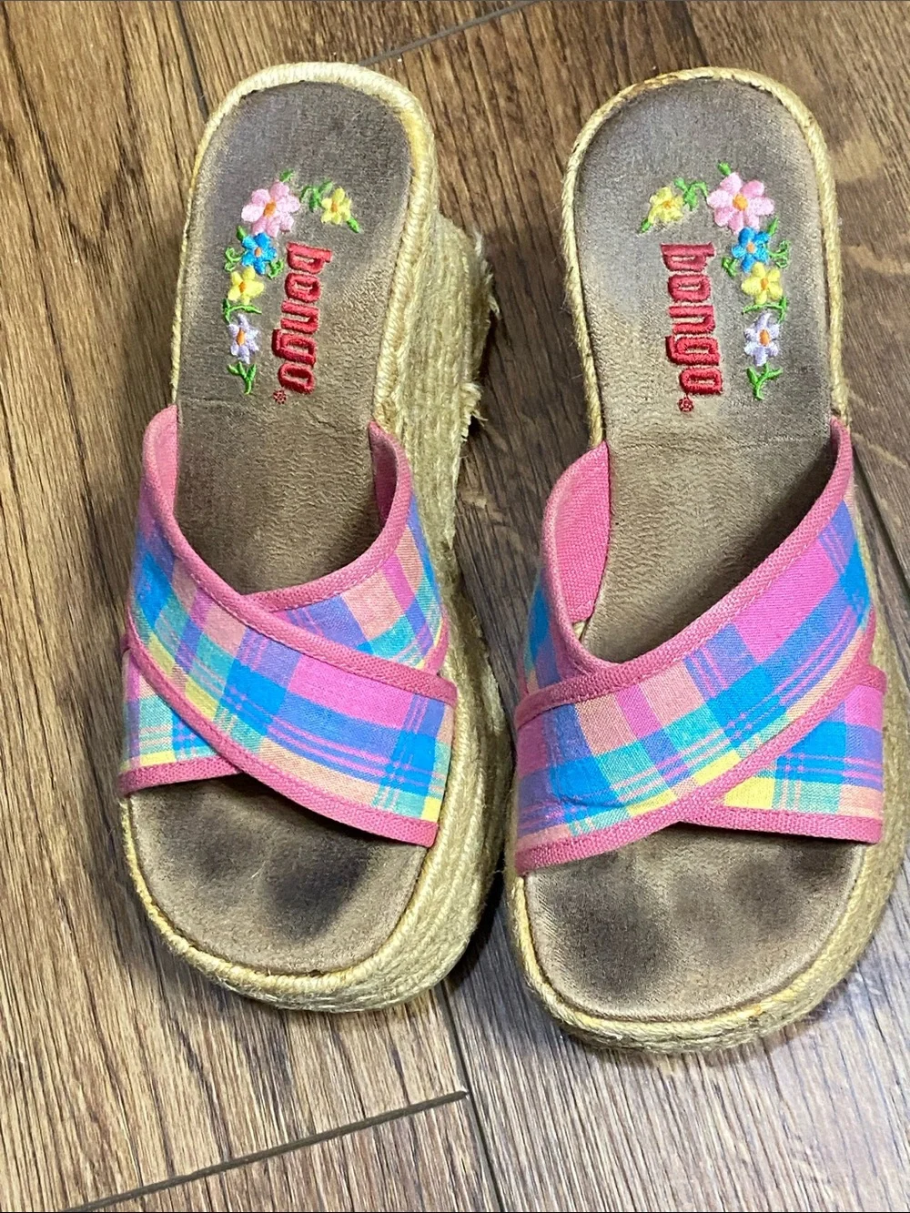 Vintage 90s Y2K Bongo Plaid Wedge Sandals Platform Espadrille